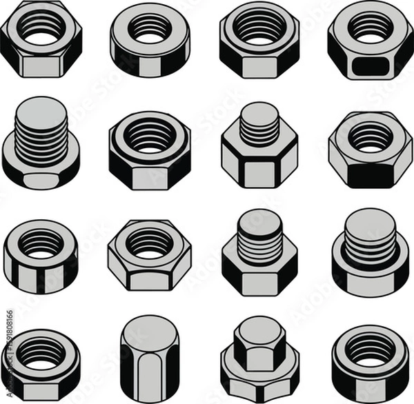 Obraz Vector Icon Set of Industrial Steel Nuts – Hex, Wing, Cap, Lock, Flange, and Square Types on White Background"

