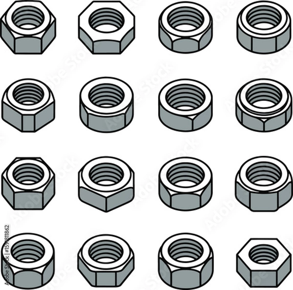Obraz "Set of Metal Nuts Vector Icons – Clean Threaded Fasteners for Industrial and Mechanical Use"

