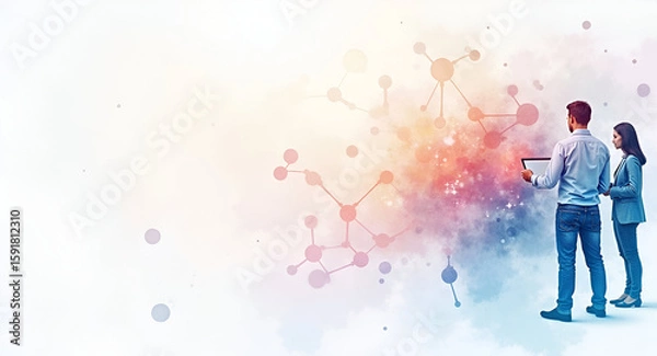 Fototapeta Watercolor Big Data Analysis: Visualizing Dataset Clusters with Pastel Overlays in Stock Photos - Perfect for Presentations with Space for Text