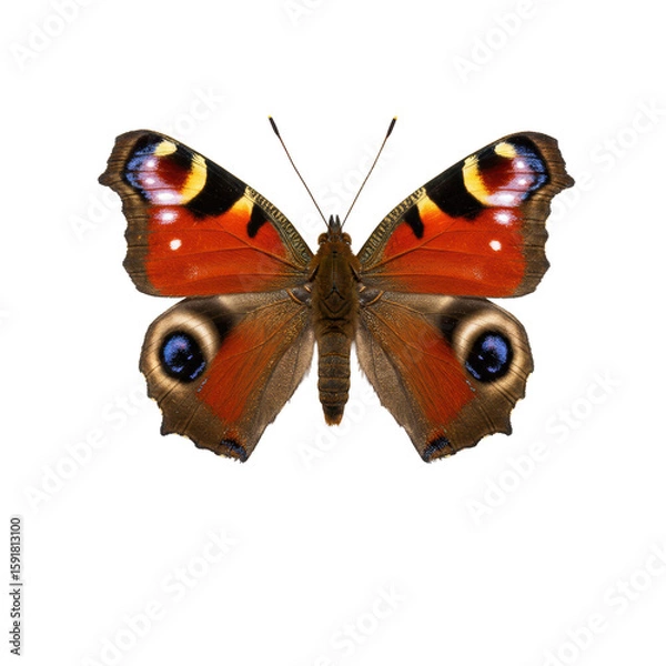 Fototapeta A vibrant peacock butterfly with fuzzy brown body, slender antennae, and iridescent red, black, yellow, blue eyespots on spread wings, against a pristine transparent plain background, in a