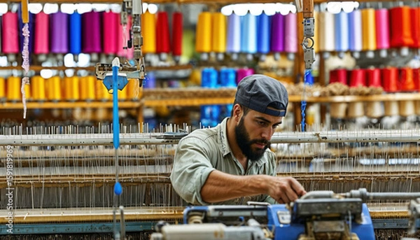 Fototapeta Worker in Workshop Surrounded by Colorful Threads and Fabrics
