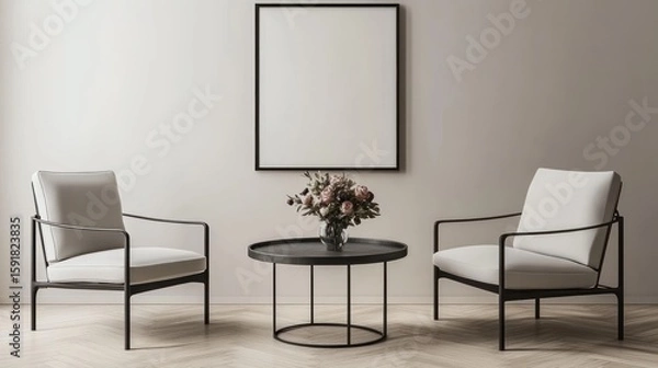 Fototapeta A modern living room scene with two armchairs and a round coffee table.