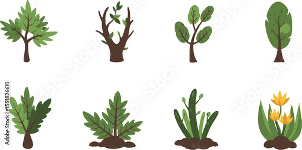 Fototapeta Vector art of cartoon trees and plants isolated on transparent background, showcasing a variety of different shapes and styles