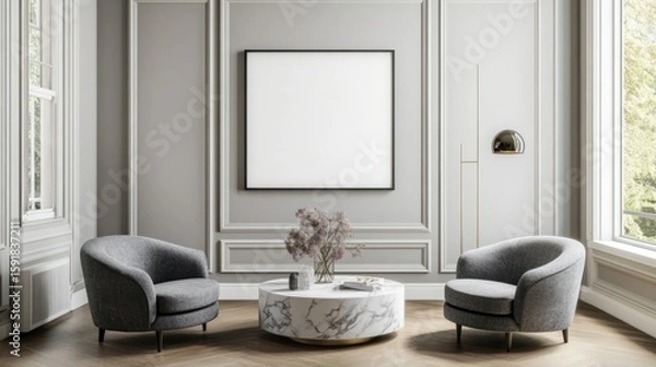Fototapeta Gray armchairs in a classic interior with a blank art print.