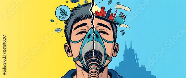 Fototapeta 8K comic illustration of a person breathing through a cracked oxygen mask, while icons of leaves and factories orbit their head. Background split into yellow hope above and blue ecological collapse.