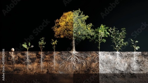 Fototapeta Plant life cycle with exposed roots and distinct soil, a visual representation of growth stages, a conceptual illustration of nature