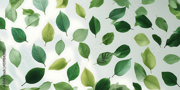 Fototapeta Scattered green leaves on bright white surface
