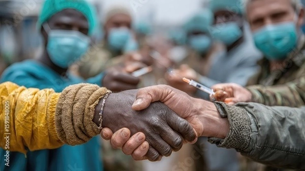 Fototapeta Global health partnerships supporting vaccine distribution, epidemic response, medical training, and infrastructure building in underserved regions.