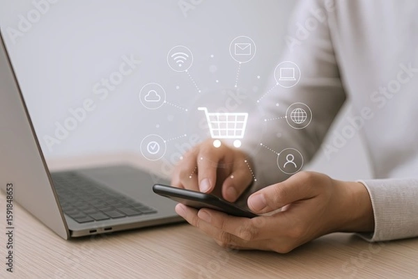 Fototapeta Person Using Smartphone with Digital Shopping Cart Icons and Cloud Connectivity.