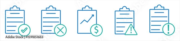 Obraz Business Report and Document Icons — Checklist, Finance, Risk, and Alert Line Symbols