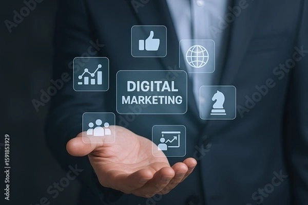 Fototapeta Businessman holding transparent digital marketing icons representing growth and analysis.