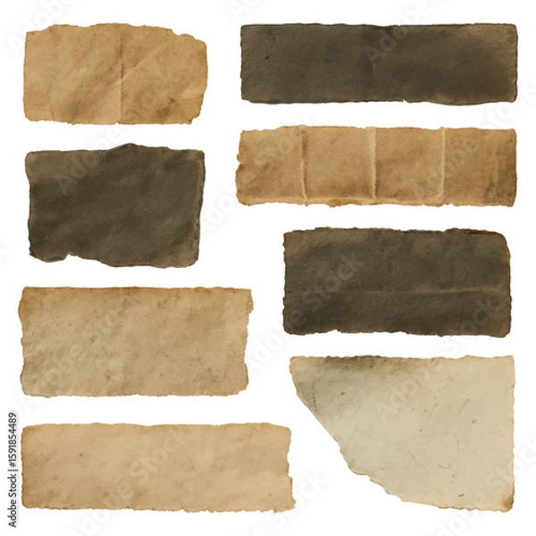 Fototapeta Set of old vintage torn paper, parchment scraps in various shapes and colors with distressed edges, folds, creases, stains, and rough tears
