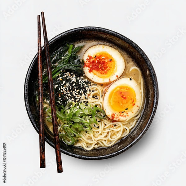 Obraz Delicious ramen noodle soup bowl with eggs and vegetables asian cuisine food photography top view image