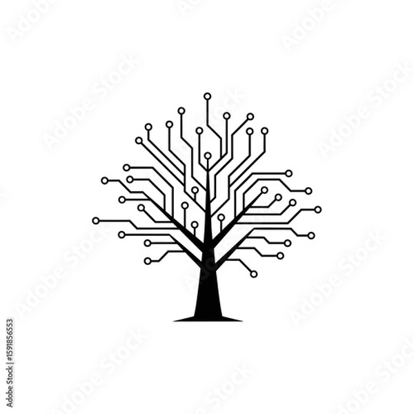 Obraz Abstract digital tree illustration with circuit board branches and connections, symbolizing technology and growth on a white background.