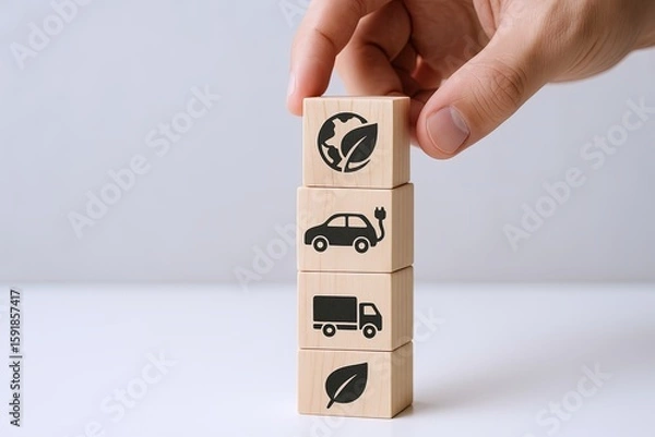 Fototapeta Hand stacking wooden blocks with eco icons representing sustainability and transportation.