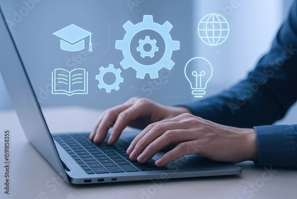 Fototapeta Modern Use of Technology and Innovation with Digital Devices and Concept Icons.