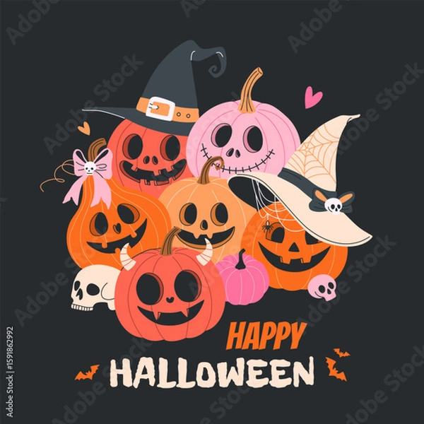 Obraz Happy Halloween. Square banner with cute pumpkins in various costumes, skulls, and bats. Flat illustration for Trick or Treat themes, social media posts, festive backgrounds. Vector.