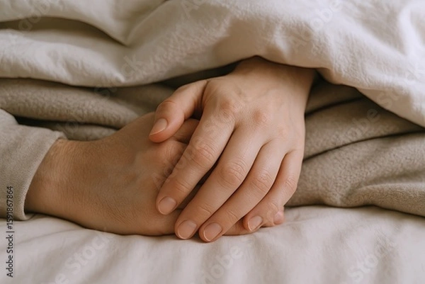 Obraz Close-up of Two Hands Intertwined Resting on Soft Bed Sheets in Cozy Bedroom Setting.
