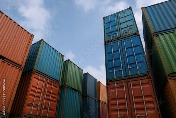 Fototapeta Large colorful shipping containers stacked in port against blue sky with clouds.