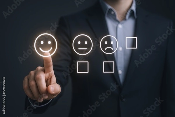 Fototapeta Businesswoman in formal suit pressing happy face icon on digital feedback survey interface.