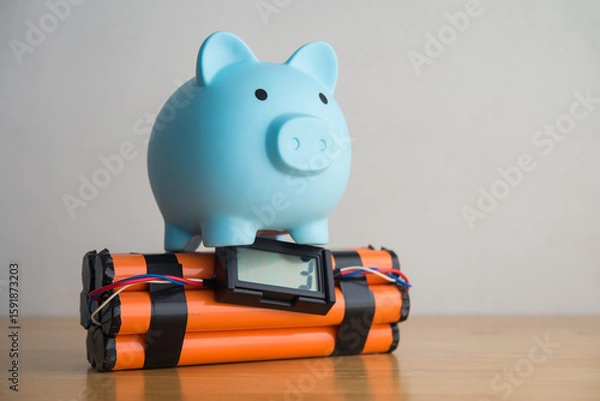 Fototapeta Piggy and with time bomb on wooden table. Concept of personal financial problem, high inflation, recession crisis, risk and savings management, loss investment, expenses overburden, installment.