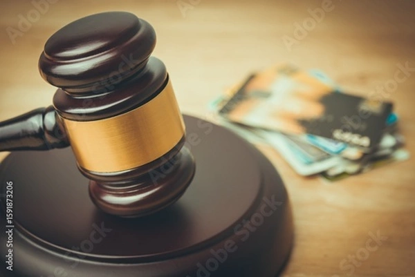 Fototapeta Wooden judge hammer gavel with many credit cards in courtroom. Credit card debt trial judgement, personal financial problem, financial laws regulation, consumer protection and so on concept.