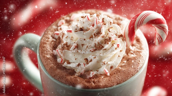 Fototapeta Close-up of hot chocolate with whipped cream and a candy cane in a festive setting. Cozy Christmas dessert drink with soft lights and warm winter holiday mood