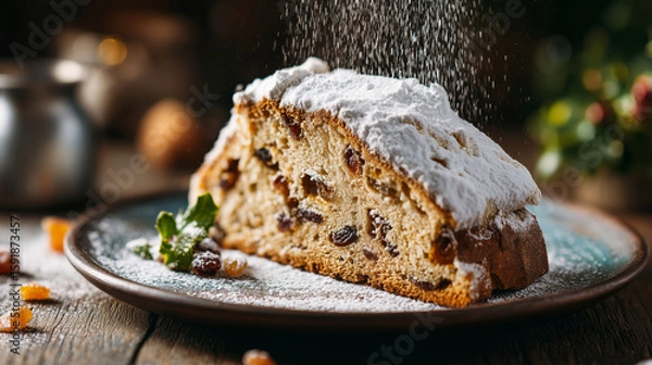 Fototapeta Close-up of a slice of traditional Christmas stollen dusted with powdered sugar on a rustic plate. Holiday dessert in natural light with warm winter atmosphere