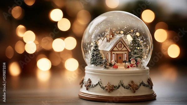 Fototapeta Close-up of a decorative snow globe with a Christmas winter scene inside and glowing festive lights in the background. Cozy holiday atmosphere and magical seasonal decor
