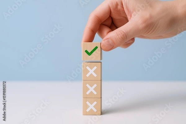 Fototapeta Hand holding wooden blocks stacked vertically with checkmark and cross symbols for decision making.