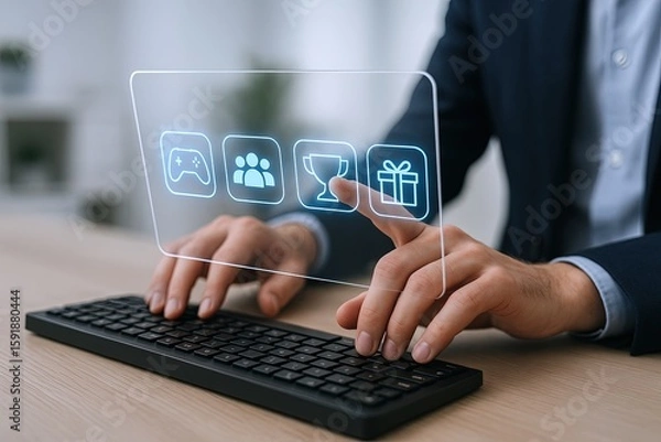 Fototapeta Businessman using transparent digital interface with icons for gaming social media gifts and communication.