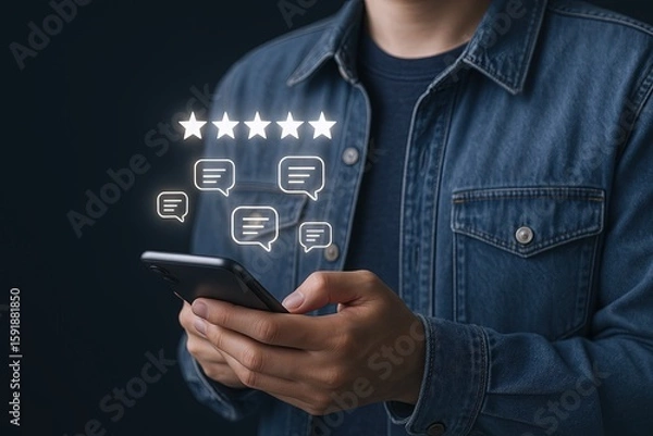 Fototapeta Man in denim jacket using smartphone with digital review and feedback icons.