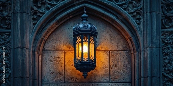 Fototapeta Vintage lantern with warm glowing light mounted on carved stone wall featuring gothic details and iron bracket. Generative by AI.
