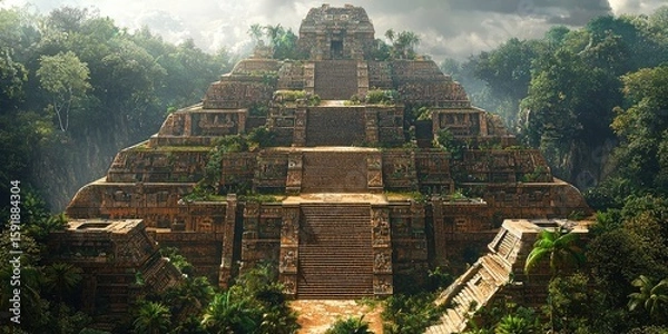 Fototapeta Ancient stepped pyramid with broad stone stairway flanked by ruins, vegetation, and cloudy sky above, surrounded by jungle. Generative by AI.