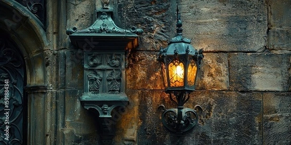 Fototapeta Vintage lantern with warm glowing light mounted on carved stone wall featuring gothic details and iron bracket. Generative by AI.