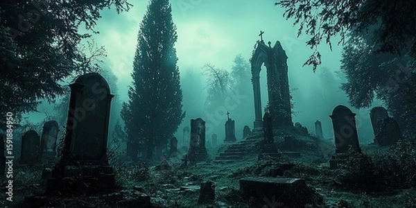 Fototapeta Misty graveyard filled with aged tombstones and tall cypress trees, with a small mausoleum and dramatic sunset sky behind. Generative by AI.