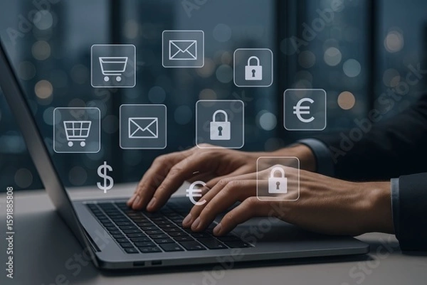Fototapeta Hands Typing on Laptop Keyboard with Digital Security and Online Shopping Icons.