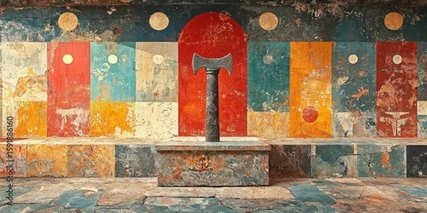 Fototapeta Ancient stone axe with red and black painted carvings placed horizontally on cracked stone wall with faded hieroglyphic carvings. Generative by AI.