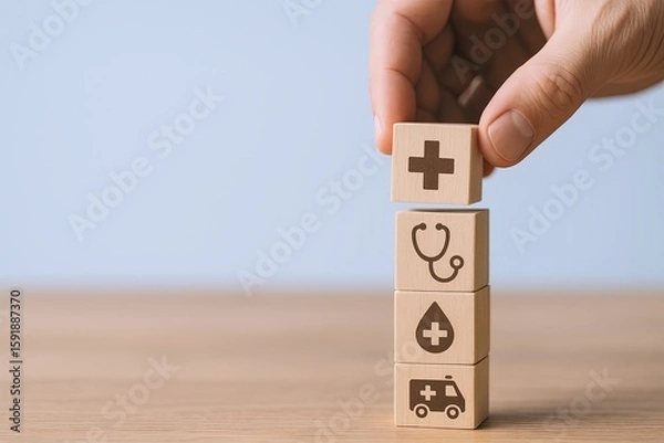 Fototapeta Hand stacking wooden blocks with medical and health symbols on a light background.