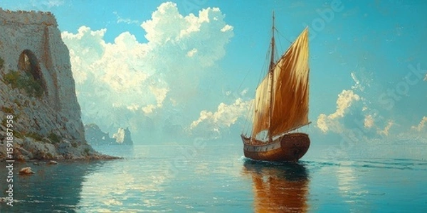 Fototapeta Wooden sailing ship with large white sails on calm sea during sunrise with distant mountains and scattered clouds. Generative by AI.