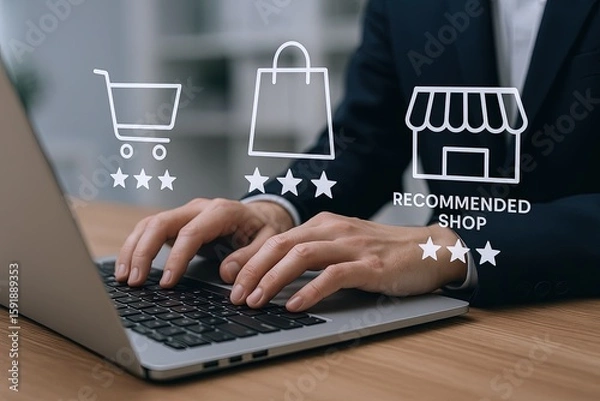 Fototapeta Business Person Shopping Online Using Laptop with Digital Shopping Icons and Ratings.