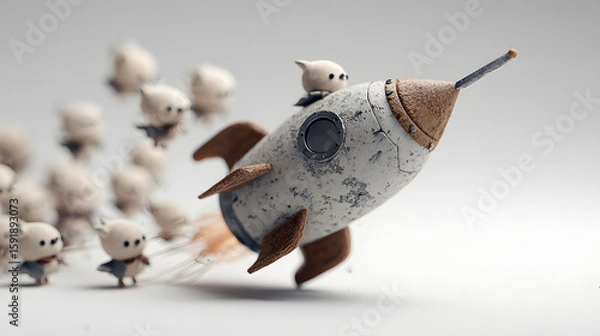 Fototapeta Whimsical Rocket Launch: A Charming 3D Render of Cute Characters Embarking on a Space Adventure