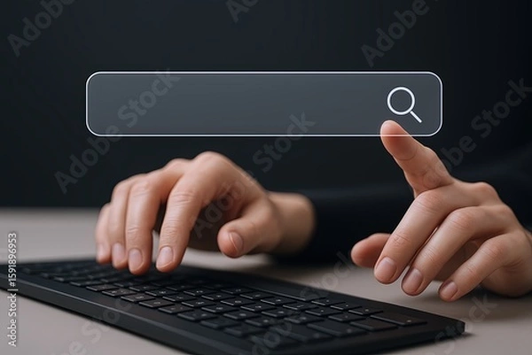 Fototapeta Close-up of a person using a computer keyboard with a search magnifying glass icon overlay.