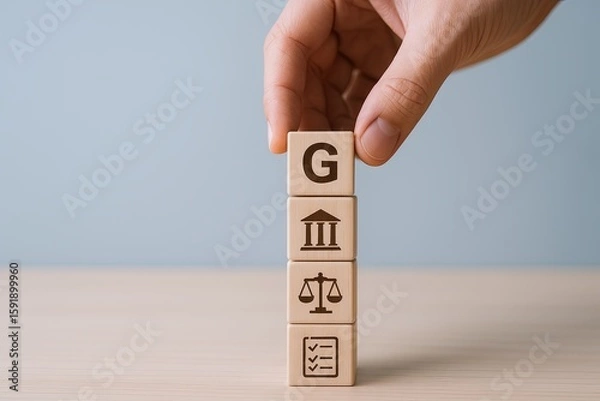 Fototapeta Hand stacking wooden blocks labeled with G, Court, Scale, and Checklist on light background.