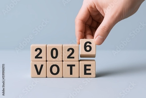 Fototapeta Hand placing wooden block with the number six over the blocks spelling vote for election concept.