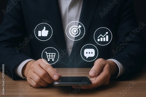 Fototapeta Business professional using smartphone with digital marketing and growth icons.
