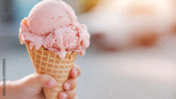 Fototapeta Frozen Dessert Delight: A child's hand holds a waffle cone overflowing with scoops of pink ice cream on a bright day. A classic summer treat.