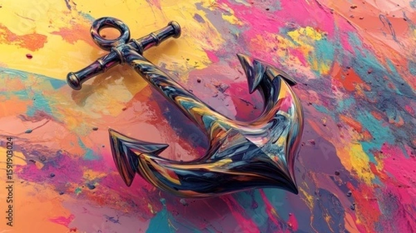 Fototapeta Metallic anchor on colorful abstract background.