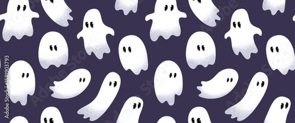 Fototapeta Seamless pattern with white cartoon Halloween ghosts. Minimalist hand drawn modern playful spirit silhouettes with grainy halftone texture. Vector texture for wallpaper, background, print, fabric. 