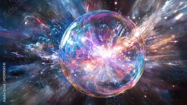 Fototapeta Vibrant iridescent sphere exploding with cosmic energy and light in space.